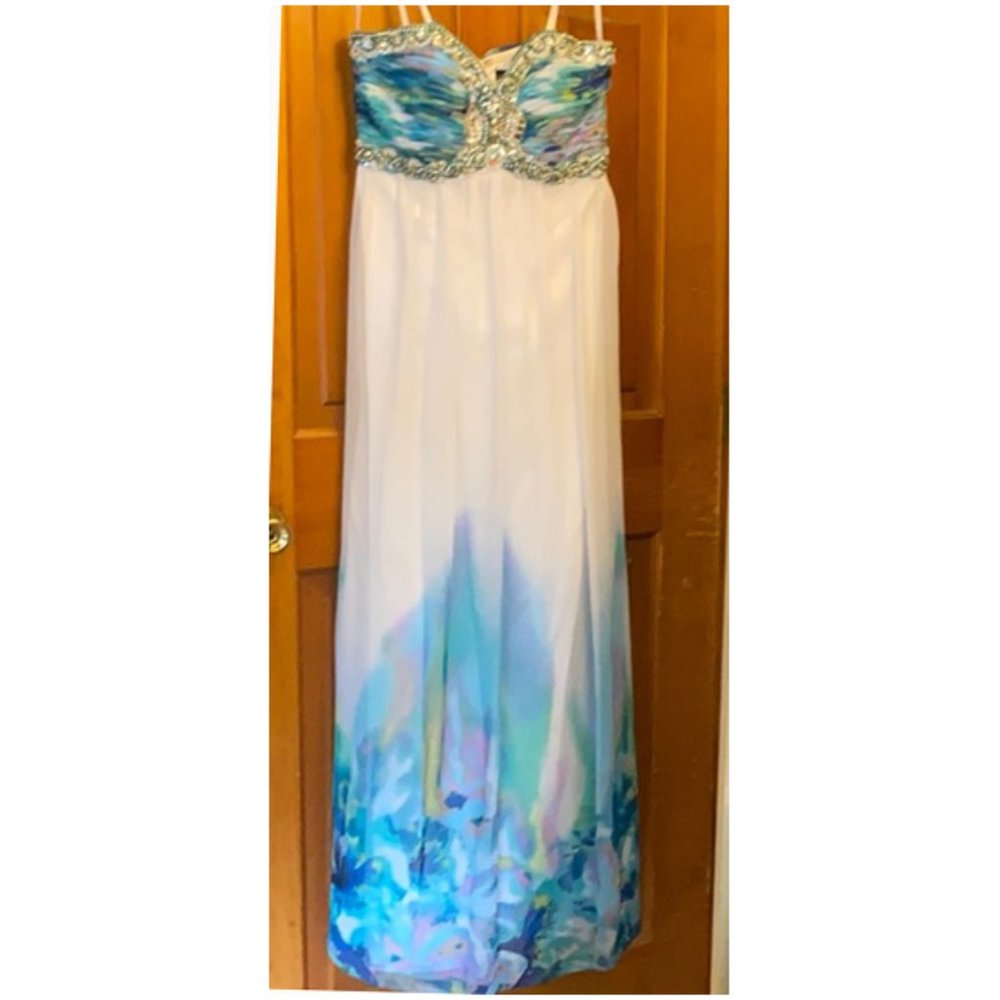 PROM! Beautiful Dress Beaded Bodice White with Blue Green Lavender Watercolor